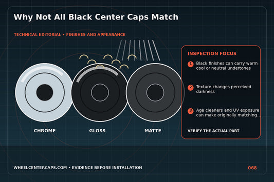 Black finish swatches showing warm cool textured and faded variations; technical editorial illustration for black center cap color match with no manufacturer logo reproduction