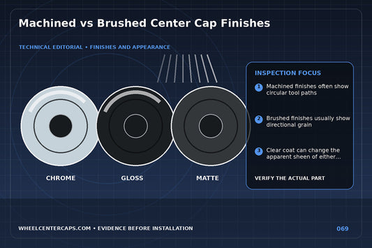 Macro finish texture showing lathe lines versus linear brushing; technical editorial illustration for machined vs brushed center cap with no manufacturer logo reproduction