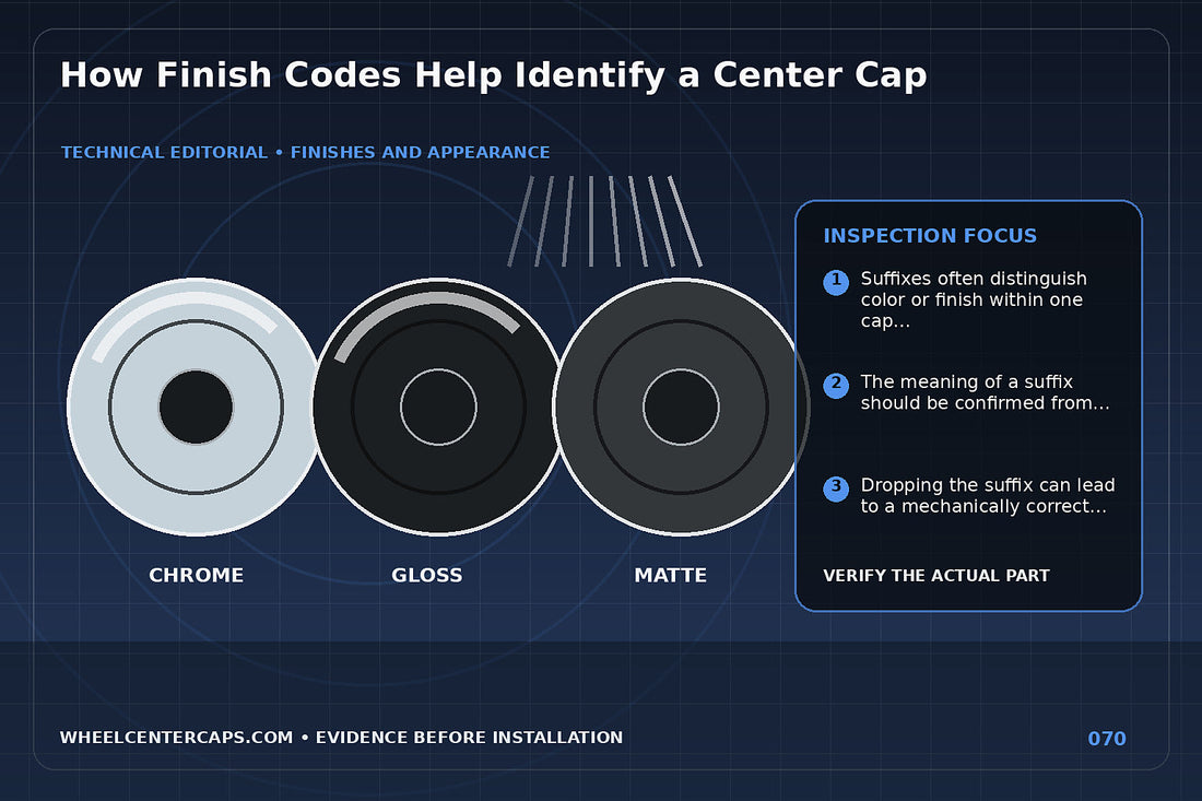 Part-number label with GB MB SB CH finish codes highlighted; technical editorial illustration for center cap finish code with no manufacturer logo reproduction