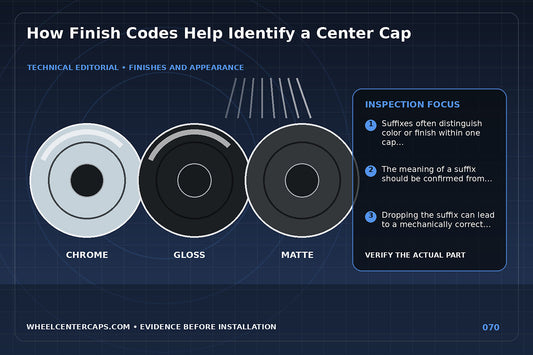 Part-number label with GB MB SB CH finish codes highlighted; technical editorial illustration for center cap finish code with no manufacturer logo reproduction