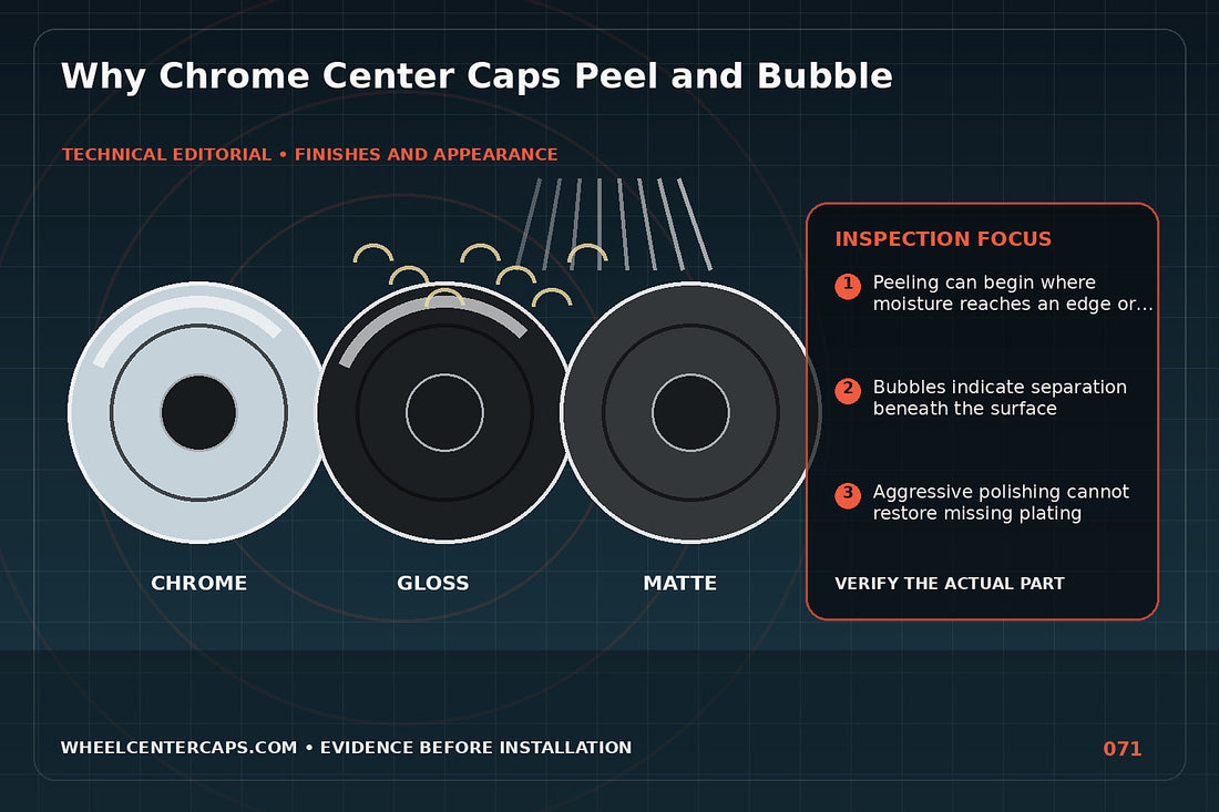 Close-up progression from intact chrome to bubbling and peeling; technical editorial illustration for chrome center cap peeling with no manufacturer logo reproduction