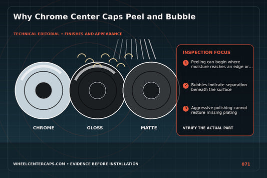 Close-up progression from intact chrome to bubbling and peeling; technical editorial illustration for chrome center cap peeling with no manufacturer logo reproduction