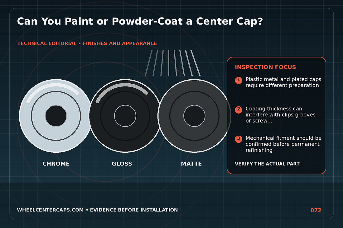 Masked cap prepared for paint beside finished color-matched cap; technical editorial illustration for paint center caps with no manufacturer logo reproduction