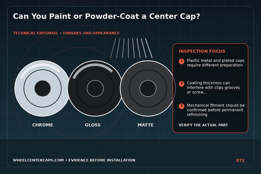 Masked cap prepared for paint beside finished color-matched cap; technical editorial illustration for paint center caps with no manufacturer logo reproduction