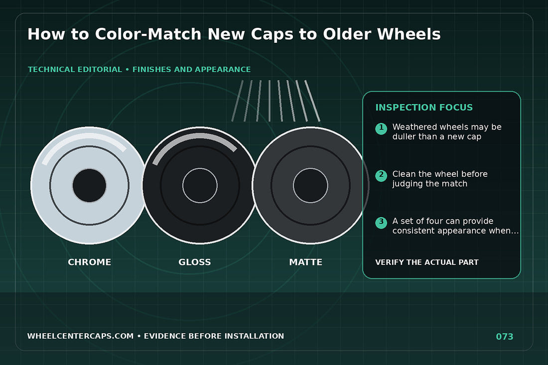 New cap compared with sun-aged wheel under daylight color card; technical editorial illustration for match new center caps to old wheels with no manufacturer logo reproduction