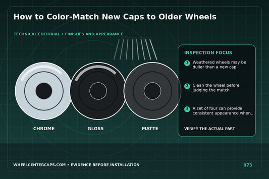 New cap compared with sun-aged wheel under daylight color card; technical editorial illustration for match new center caps to old wheels with no manufacturer logo reproduction