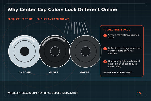 Same cap photographed under daylight shop light and shade; technical editorial illustration for center cap color online with no manufacturer logo reproduction