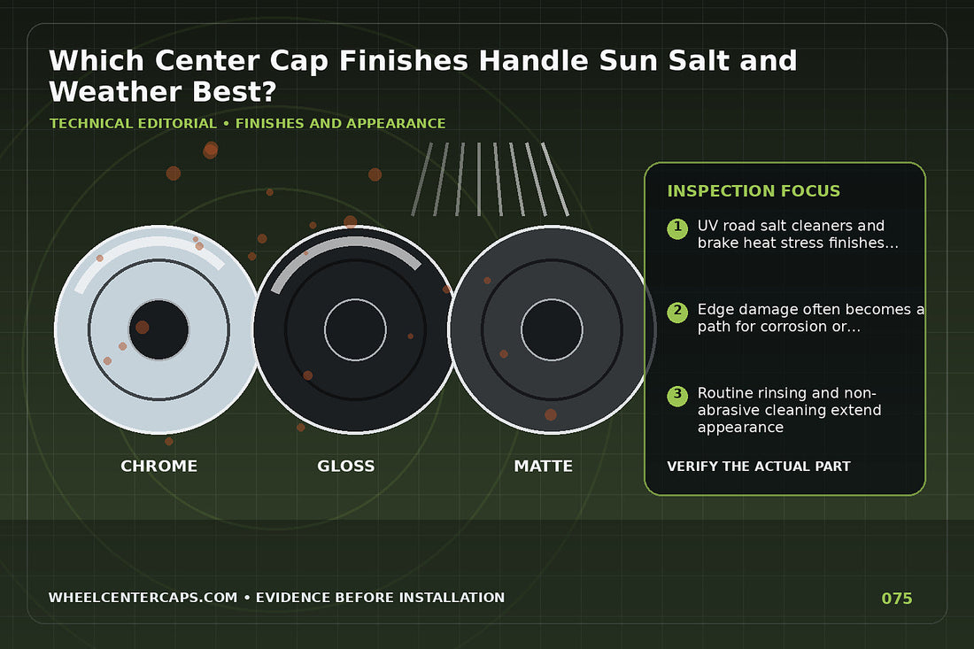 Weather test scene with UV salt spray rain and finish samples; technical editorial illustration for durable center cap finish with no manufacturer logo reproduction