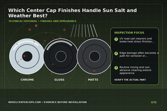 Weather test scene with UV salt spray rain and finish samples; technical editorial illustration for durable center cap finish with no manufacturer logo reproduction