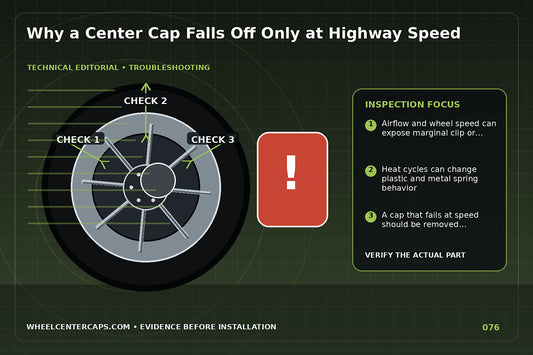 Center cap coming loose with four likely causes labeled; technical editorial illustration for center cap falls off highway with no manufacturer logo reproduction