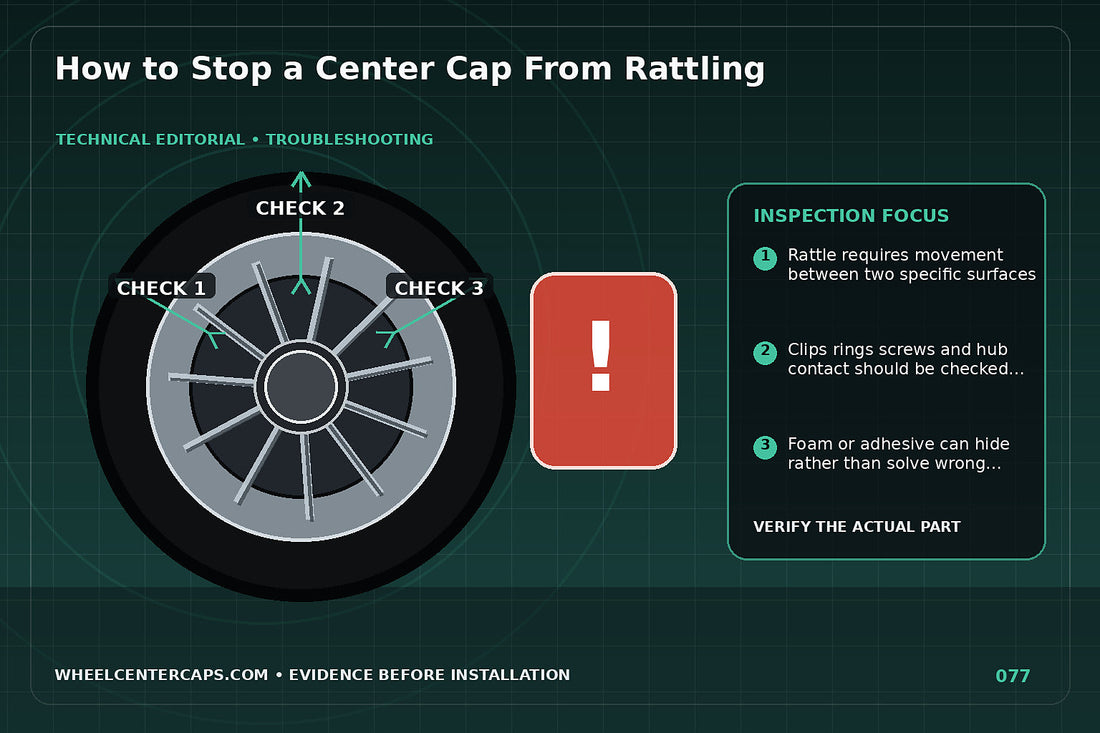Wheel cap with vibration lines and retention components highlighted; technical editorial illustration for center cap rattling with no manufacturer logo reproduction