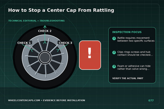 Wheel cap with vibration lines and retention components highlighted; technical editorial illustration for center cap rattling with no manufacturer logo reproduction