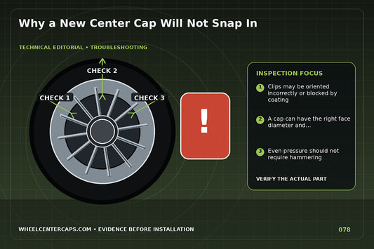New snap-in cap stopped above the bore with interference points marked; technical editorial illustration for center cap will not snap in with no manufacturer logo reproduction