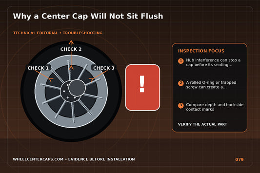 Side profile of a cap sitting proud with hub interference highlighted; technical editorial illustration for center cap not sitting flush with no manufacturer logo reproduction