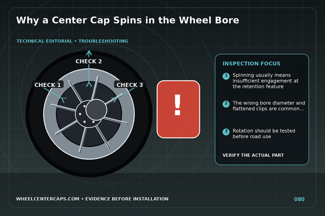 Cap rotating in bore with clip contact points highlighted; technical editorial illustration for center cap spins in wheel with no manufacturer logo reproduction