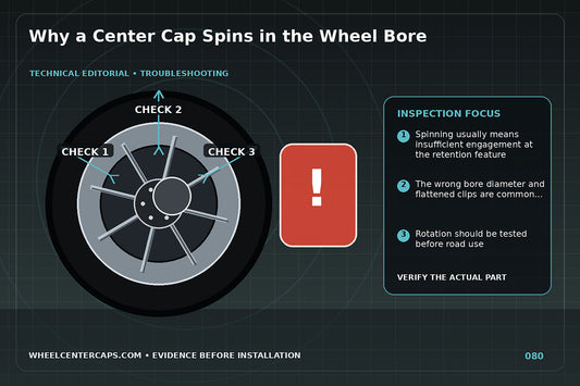 Cap rotating in bore with clip contact points highlighted; technical editorial illustration for center cap spins in wheel with no manufacturer logo reproduction