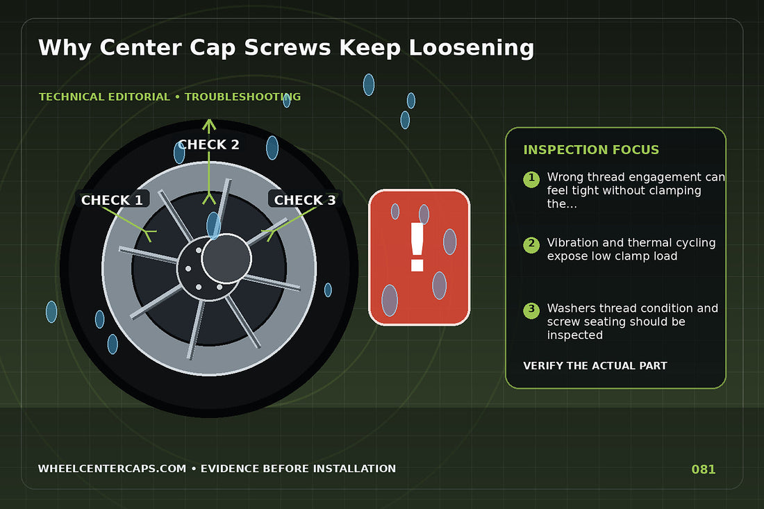 Loose screws around cap with thread and washer details enlarged; technical editorial illustration for center cap screws keep loosening with no manufacturer logo reproduction
