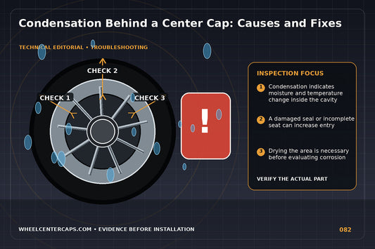 Fogged clear detail over droplets behind a center cap; technical editorial illustration for condensation behind center cap with no manufacturer logo reproduction