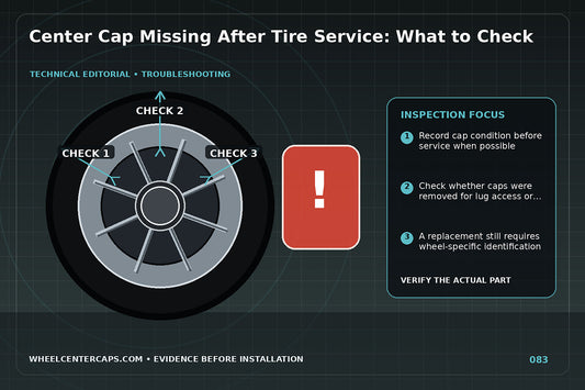 Vehicle leaving tire shop with one bare wheel center highlighted; technical editorial illustration for lost center cap after tire rotation with no manufacturer logo reproduction