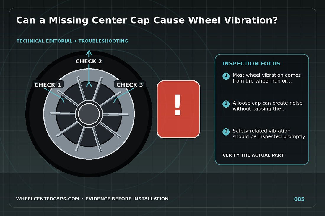 Balanced wheel diagram separating cap from tire and hub vibration sources; technical editorial illustration for missing center cap wheel vibration with no manufacturer logo reproduction