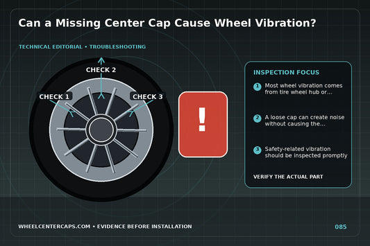 Balanced wheel diagram separating cap from tire and hub vibration sources; technical editorial illustration for missing center cap wheel vibration with no manufacturer logo reproduction