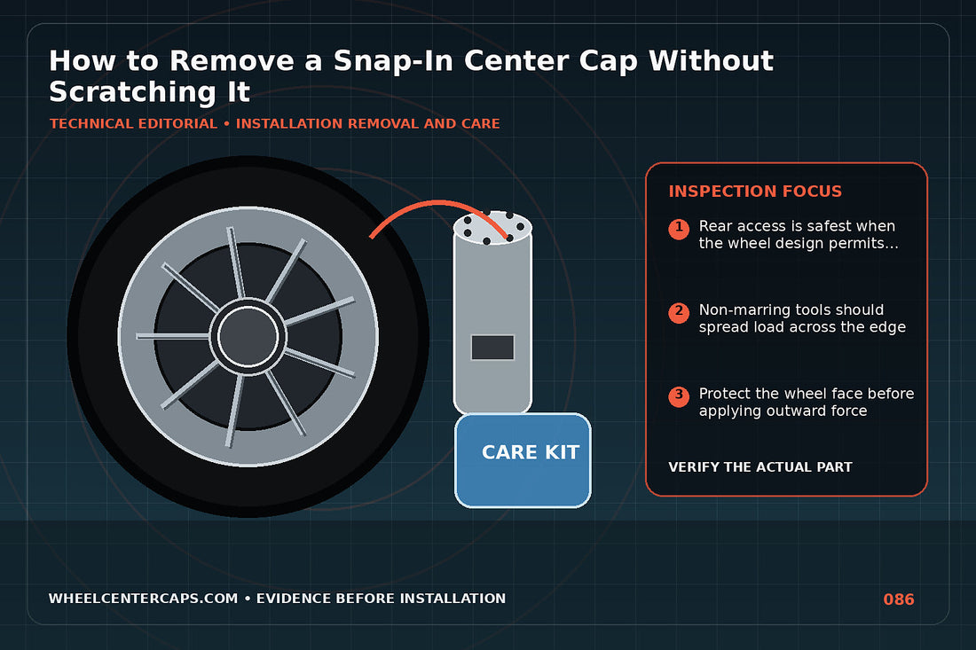 Plastic trim tools removing a cap with rim protected by tape; technical editorial illustration for remove snap in center cap with no manufacturer logo reproduction