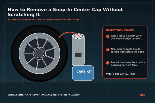Plastic trim tools removing a cap with rim protected by tape; technical editorial illustration for remove snap in center cap with no manufacturer logo reproduction
