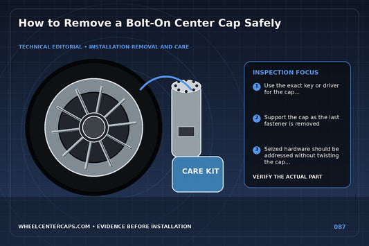 Correct key loosening a bolt-on cap while wheel finish is protected; technical editorial illustration for remove bolt on center cap with no manufacturer logo reproduction