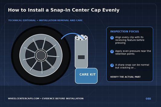 Two hands applying even palm pressure around a cap face; technical editorial illustration for install snap in center cap with no manufacturer logo reproduction