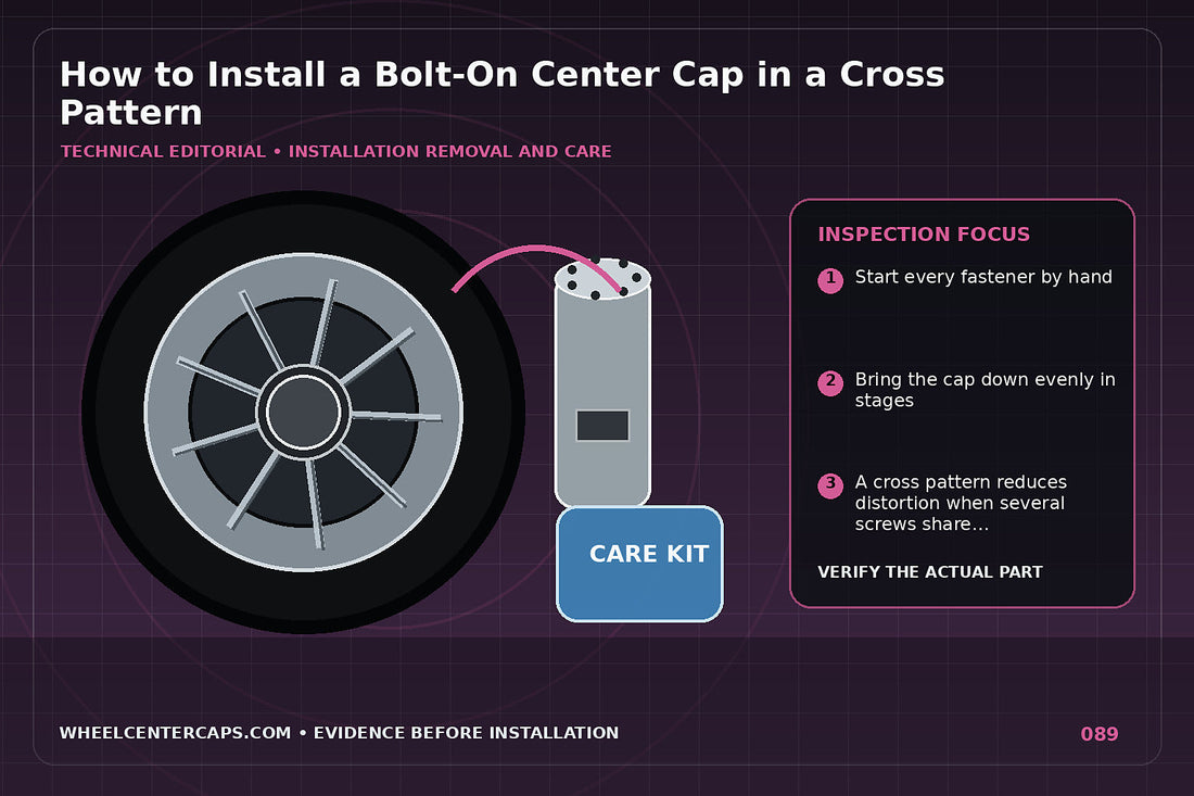 Numbered cross-pattern sequence around a multi-screw center cap; technical editorial illustration for install bolt on center cap with no manufacturer logo reproduction