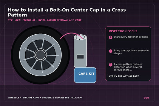 Numbered cross-pattern sequence around a multi-screw center cap; technical editorial illustration for install bolt on center cap with no manufacturer logo reproduction