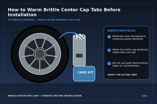 Cap warming indoors with safe temperature range indicator; technical editorial illustration for warm plastic center cap tabs with no manufacturer logo reproduction