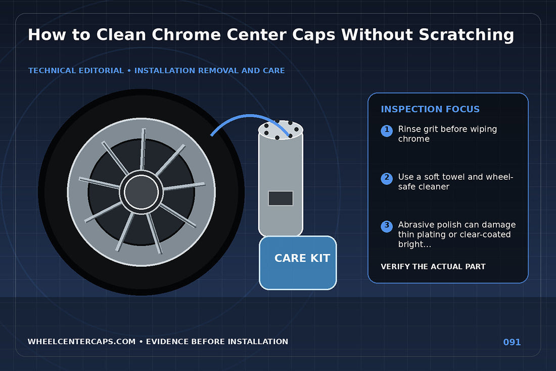 Microfiber towel and pH-neutral cleaner beside chrome cap; technical editorial illustration for clean chrome center caps with no manufacturer logo reproduction