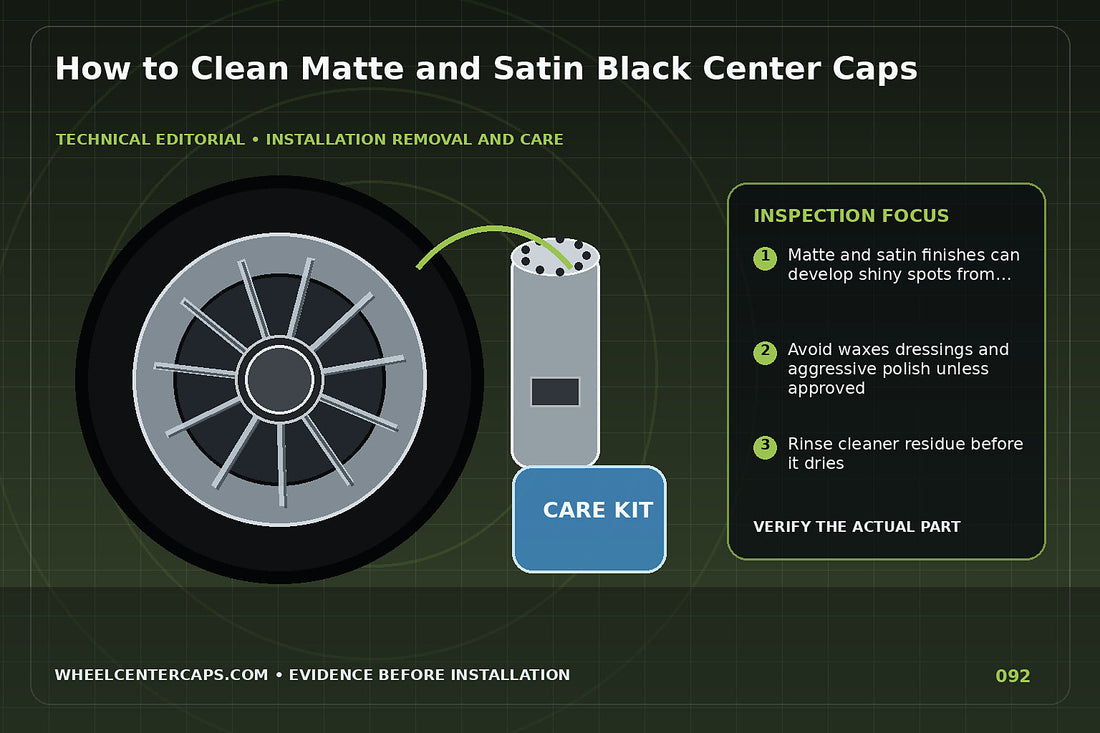 Soft brush and matte-safe cleaner on satin black cap; technical editorial illustration for clean matte black center caps with no manufacturer logo reproduction