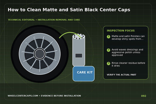 Soft brush and matte-safe cleaner on satin black cap; technical editorial illustration for clean matte black center caps with no manufacturer logo reproduction