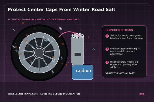 Salt-covered winter wheel beside rinsed and protected cap; technical editorial illustration for winter care center caps with no manufacturer logo reproduction