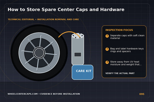 Labeled padded storage box holding caps keys screws and rings; technical editorial illustration for store spare center caps with no manufacturer logo reproduction