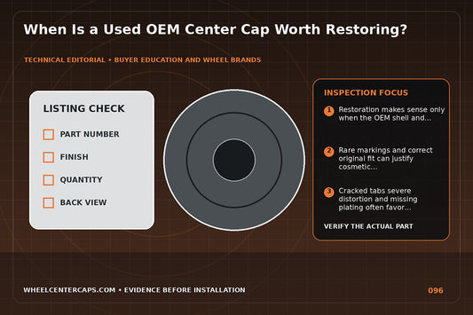 Side-by-side genuine used cap and new aftermarket replacement; technical editorial illustration for restore used OEM center cap with no manufacturer logo reproduction