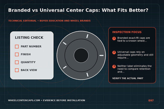 Exact-fit branded cap beside adjustable universal cap components; technical editorial illustration for branded vs universal center caps with no manufacturer logo reproduction