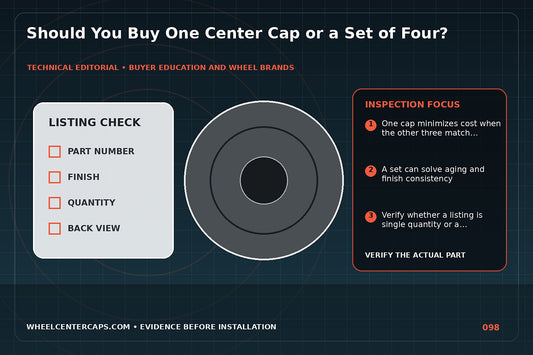 One replacement cap on left and boxed four-cap set on right; technical editorial illustration for single center cap vs set of four with no manufacturer logo reproduction