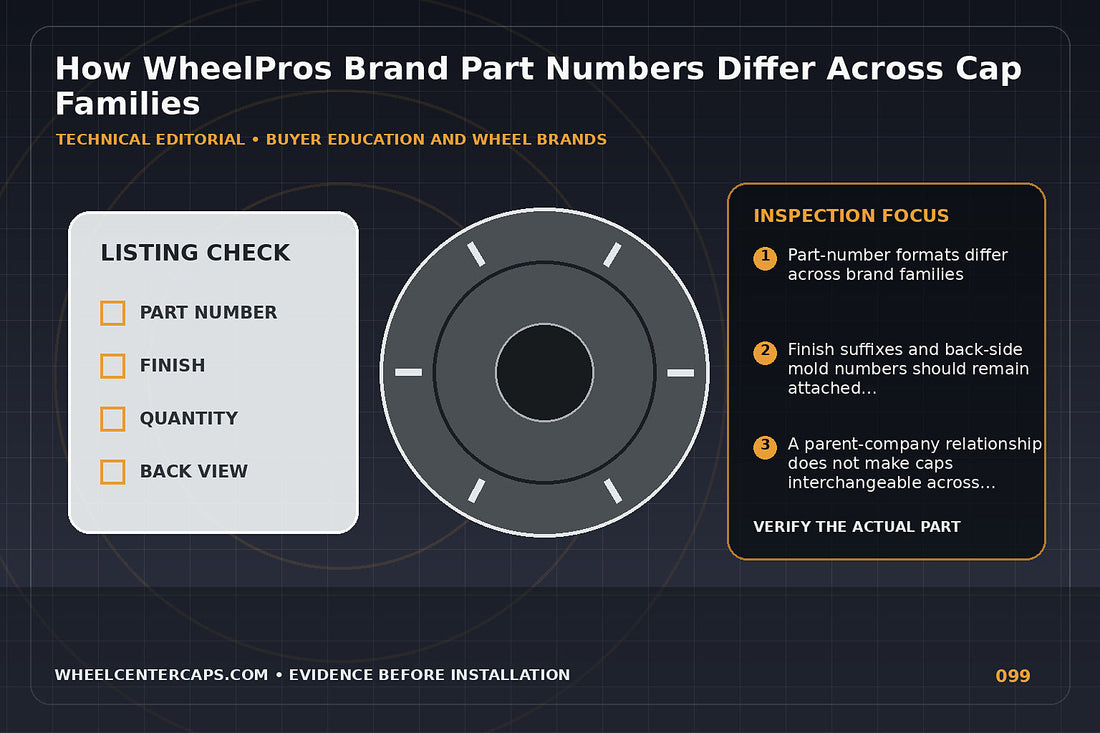 Clean family tree of WheelPros brand logos leading to replacement caps; technical editorial illustration for WheelPros center cap part numbers with no manufacturer logo reproduction