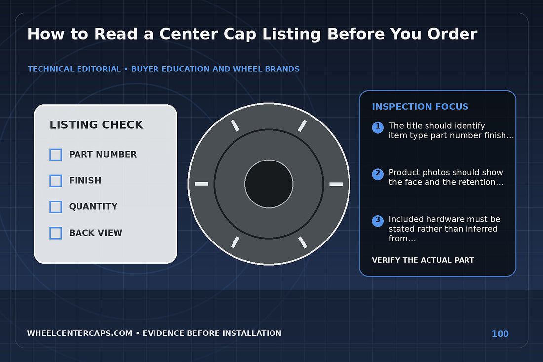 New boxed cap beside a used cap showing typical wear points; technical editorial illustration for how to read a center cap listing with no manufacturer logo reproduction