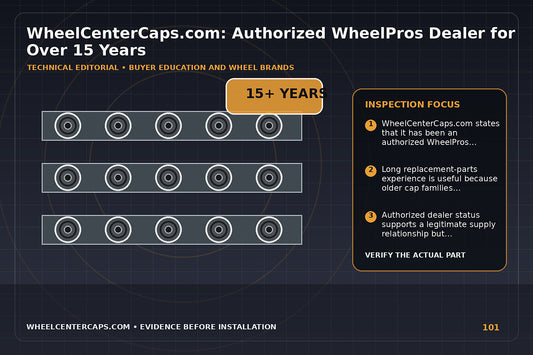 Documentary warehouse illustration with organized unbranded cap inventory, part-number inspection and a 15-plus-year timeline; technical editorial illustration for authorized WheelPros dealer with no manufacturer logo reproduction