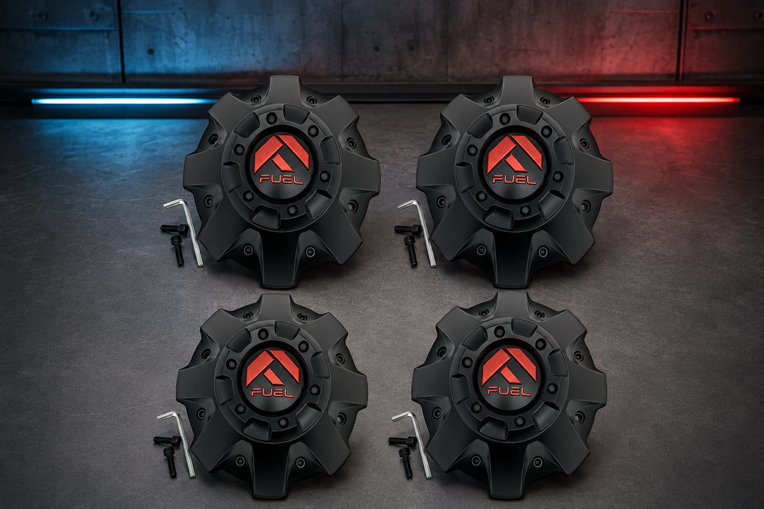 Fuel Matte Black with RED Emblem Wheel Center Cap Set of Four (4) 1001-63MBQ with Screws and Installation Tools replacement center cap logo / insert part 1001-63MBQ