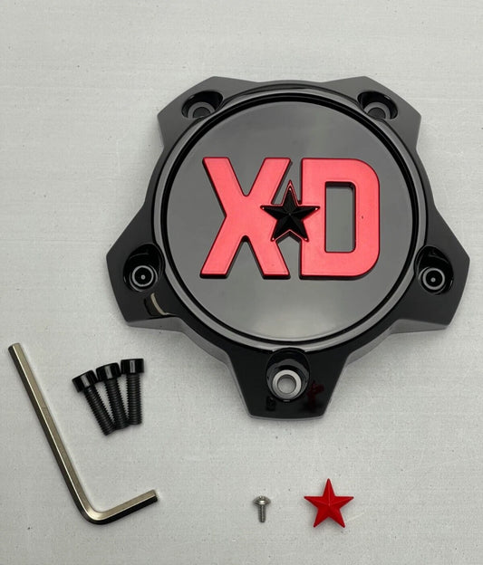 XD T167L1455S2-H42 gloss black and red wheel center cap with star insert and hardware